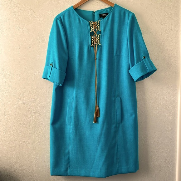 TAHARI Aqua Shift Sheath Midi Dress‎ Brass Leather Neck Detail Size 12 - Picture 1 of 11